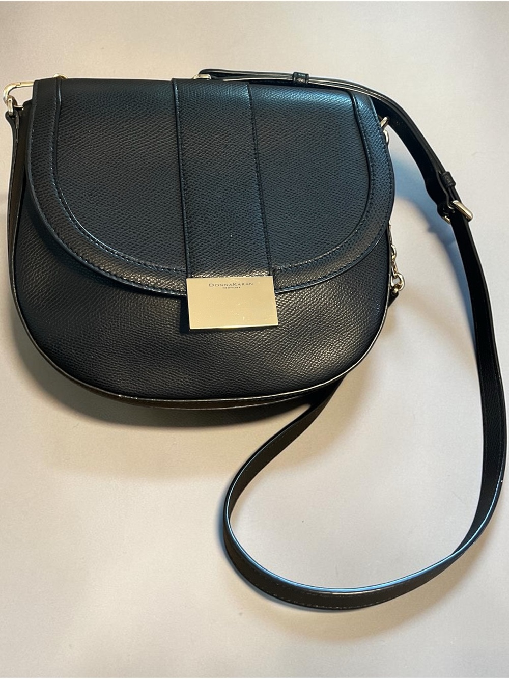 Donna Karan New York Black Leather Saddle Bag with Gold Hardware